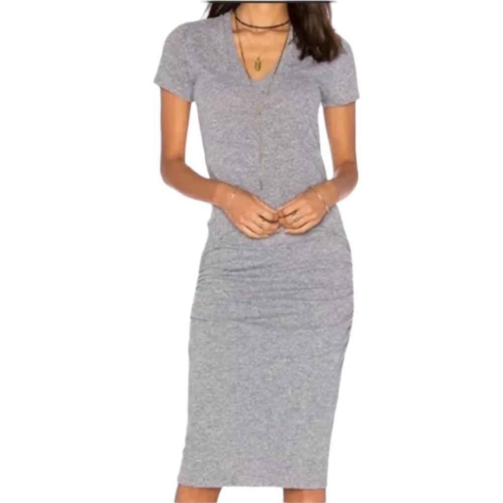Monrow Gray Ruched Bodycon Midi Dress Short Sleeve V-Neck | Small